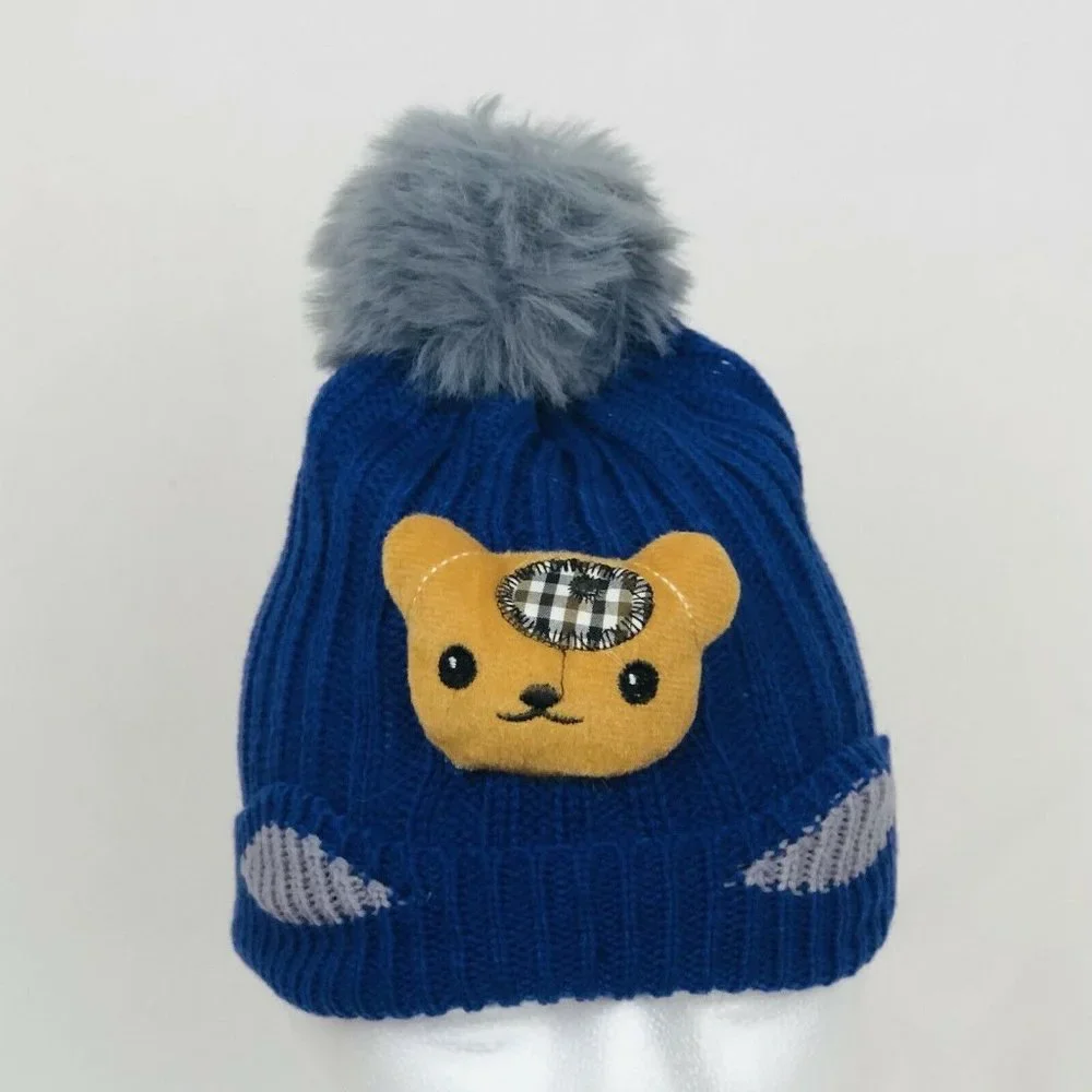 Kids Knit Beanie Pom Fleece Lining Plush‎ On Front-